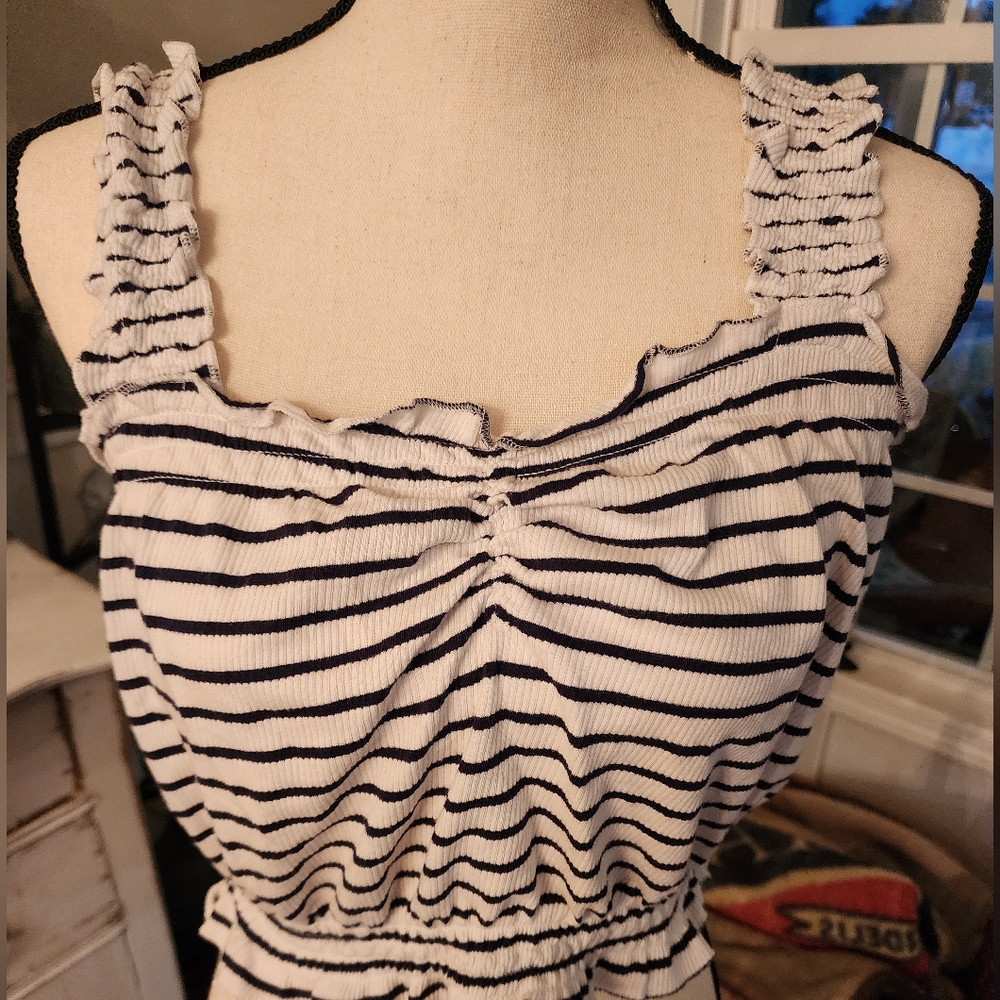 ROXY WOMENS NAVY BLUE WHITE STRIPED INTO IT CROPPED RIBBED RUCHED TANK TOP
